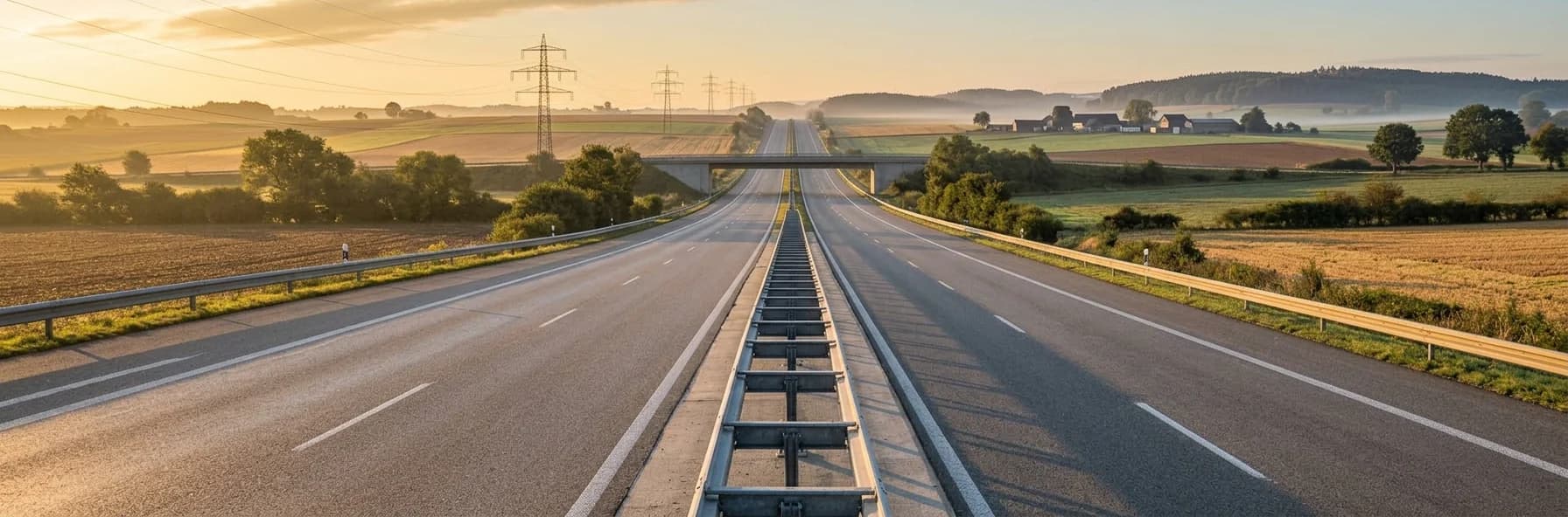 An empty European motorway at sunrise, running away through rolling farmland towards a distant horizon.